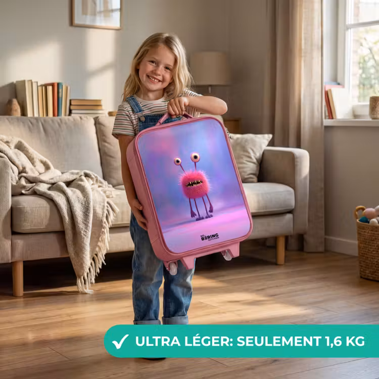 Valise enfant - Rose - Monstre rose à fourrure avec de grands yeux — 3
