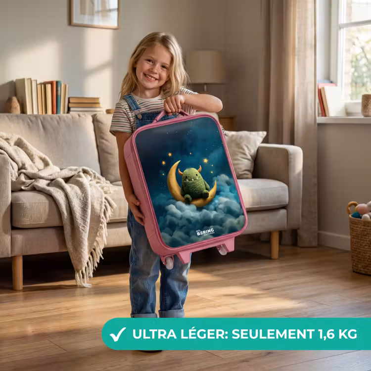 Valise enfant - Rose - Monstre vert sur croissant de lune — 3