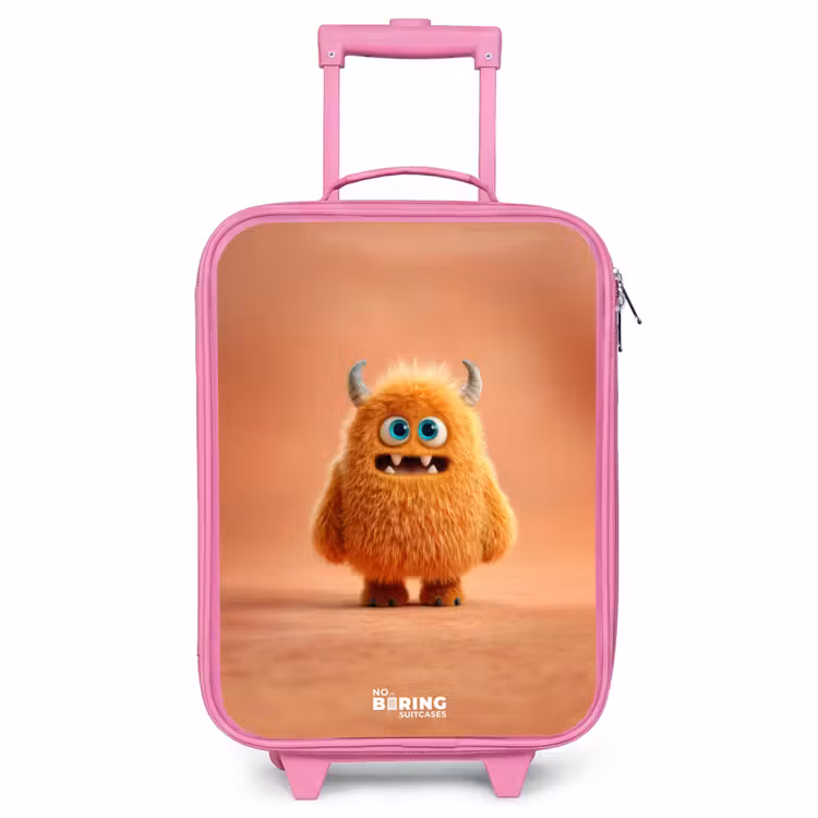 Valise enfant - Rose - Monstre pelucheux orange avec cornes — 1