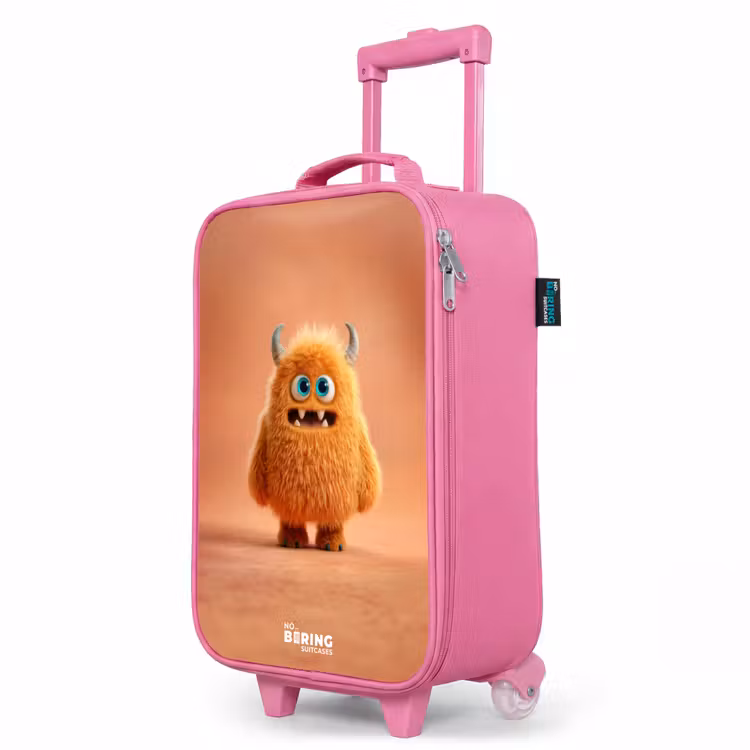 Valise enfant - Rose - Monstre pelucheux orange avec cornes — 8