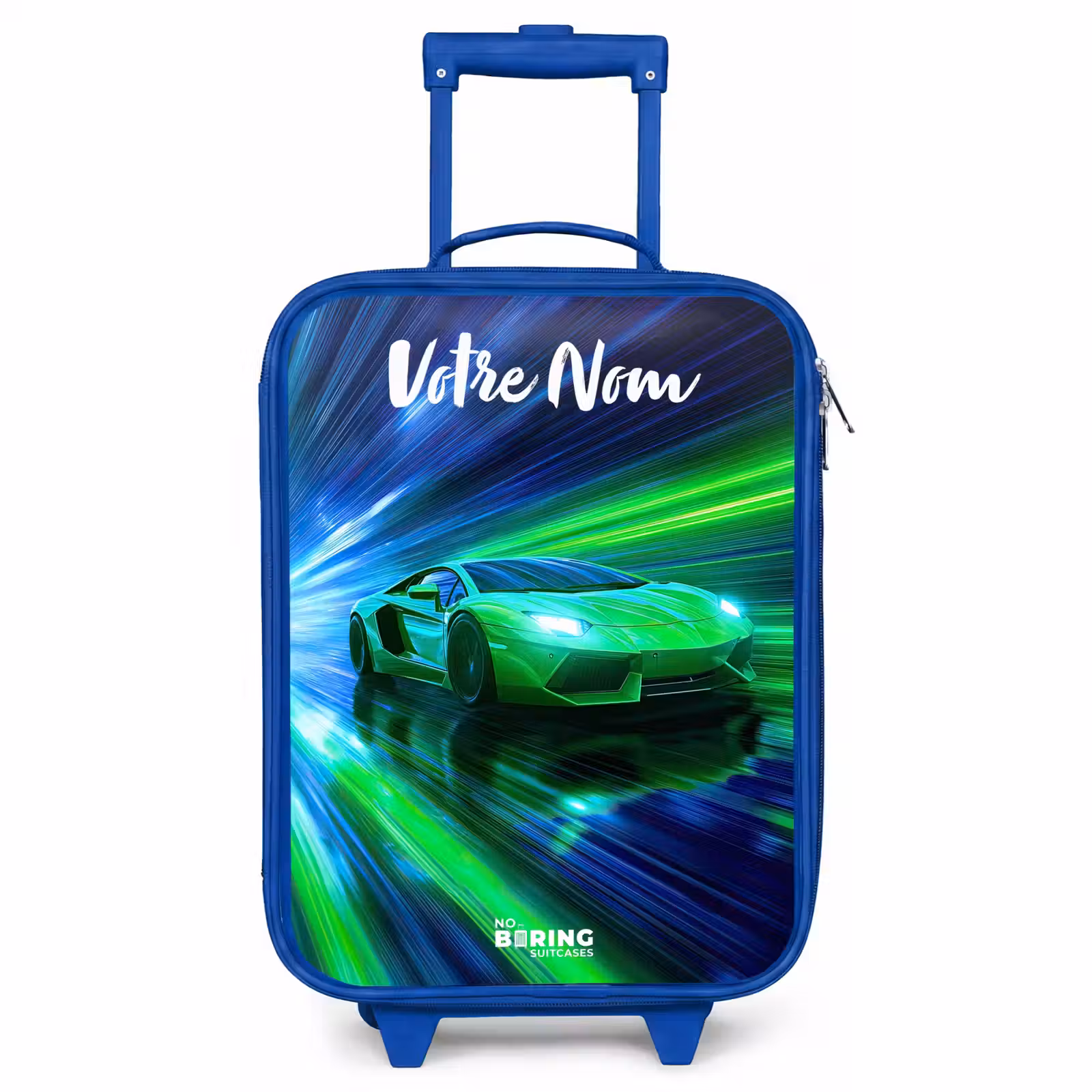 Valise enfant avec nom - Bleu - Voiture de sport - Vert - Lignes de vitesse - Néon — 1
