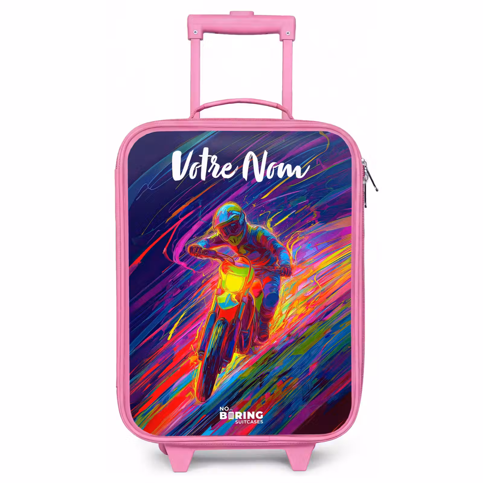 Valise enfant avec nom - Rose - Vélo de cross - Couleurs néon - Lignes - Casque — 1