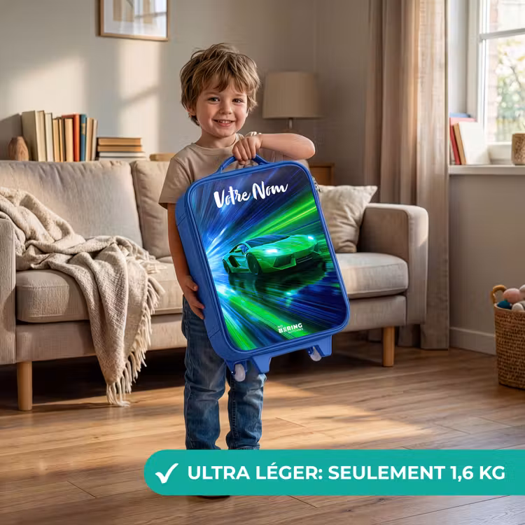 Valise enfant avec nom - Bleu - Voiture de sport - Vert - Lignes de vitesse - Néon — 3