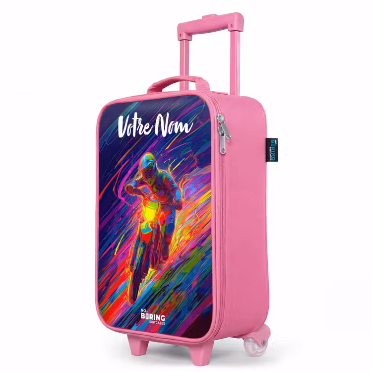 Valise enfant avec nom - Rose - Vélo de cross - Couleurs néon - Lignes - Casque — 8