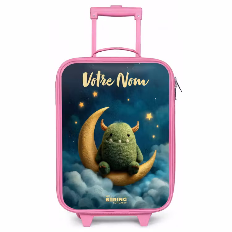 Valise enfant avec nom - Rose - Monstre vert sur croissant de lune — 1