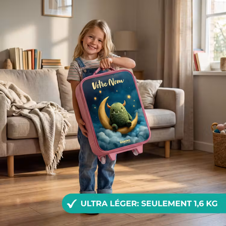 Valise enfant avec nom - Rose - Monstre vert sur croissant de lune — 3