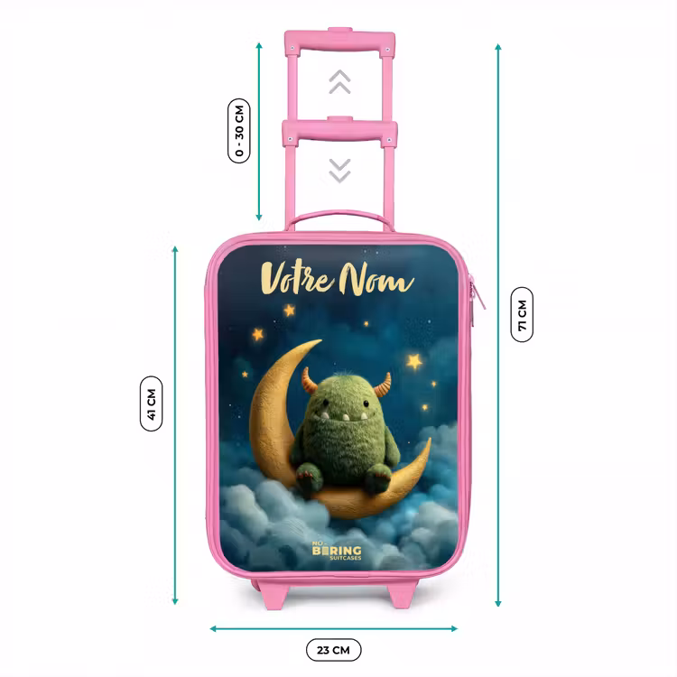 Valise enfant avec nom - Rose - Monstre vert sur croissant de lune — 6