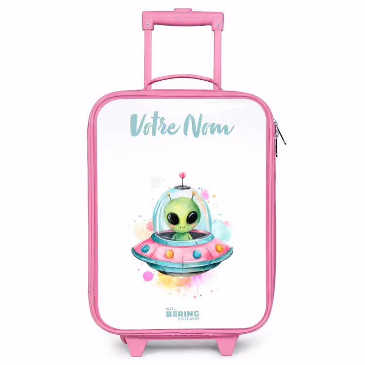 Valise enfant avec nom - Rose - Un extraterrestre vert dans un OVNI coloré — 1