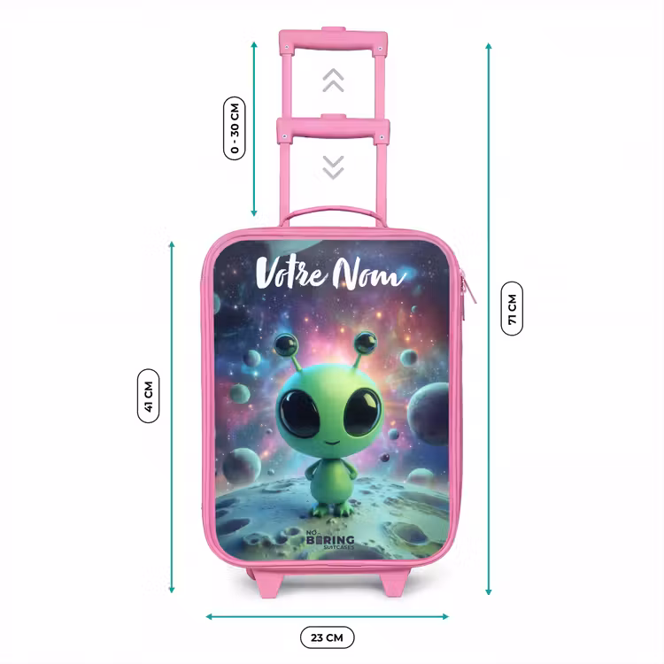 Valise enfant avec nom - Rose - Créature extraterrestre verte sur un paysage lunaire — 6