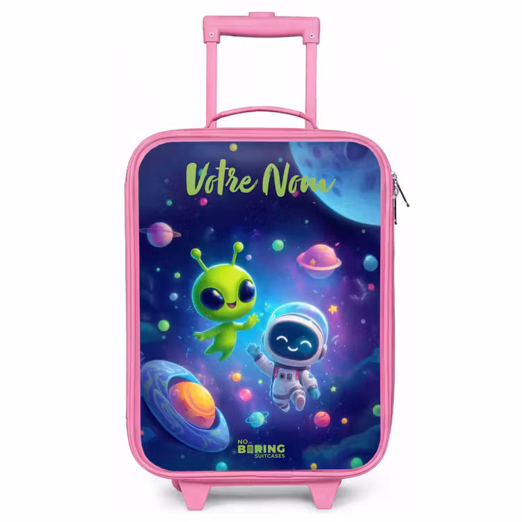 Valise enfant avec nom - Rose - Joyeuse rencontre dans l'espace — 1