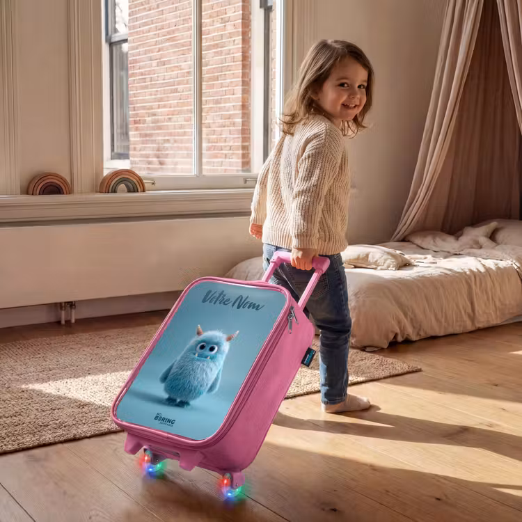 Valise enfant avec nom - Rose - Monstre bleu en peluche avec des cornes — 2