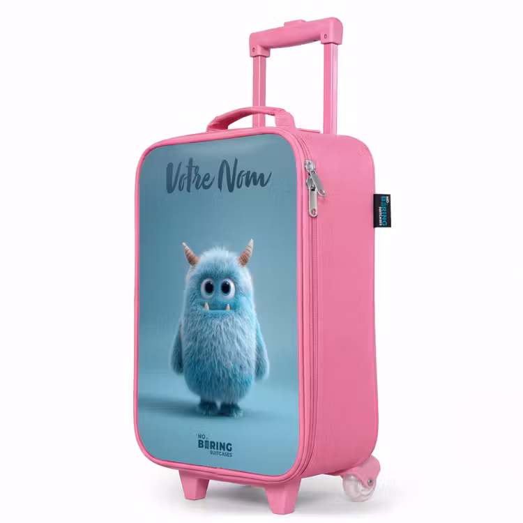 Valise enfant avec nom - Rose - Monstre bleu en peluche avec des cornes — 8