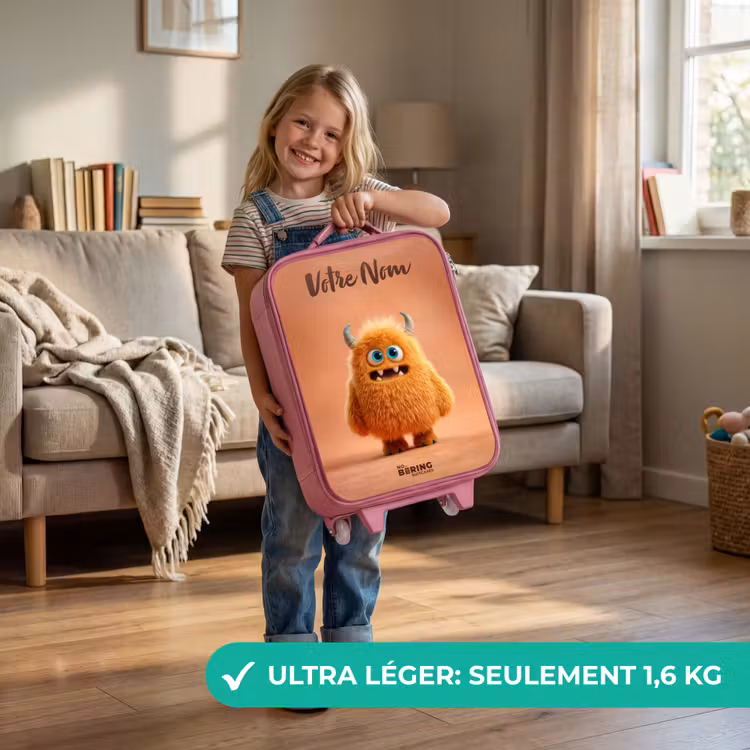 Valise enfant avec nom - Rose - Monstre pelucheux orange avec cornes — 3