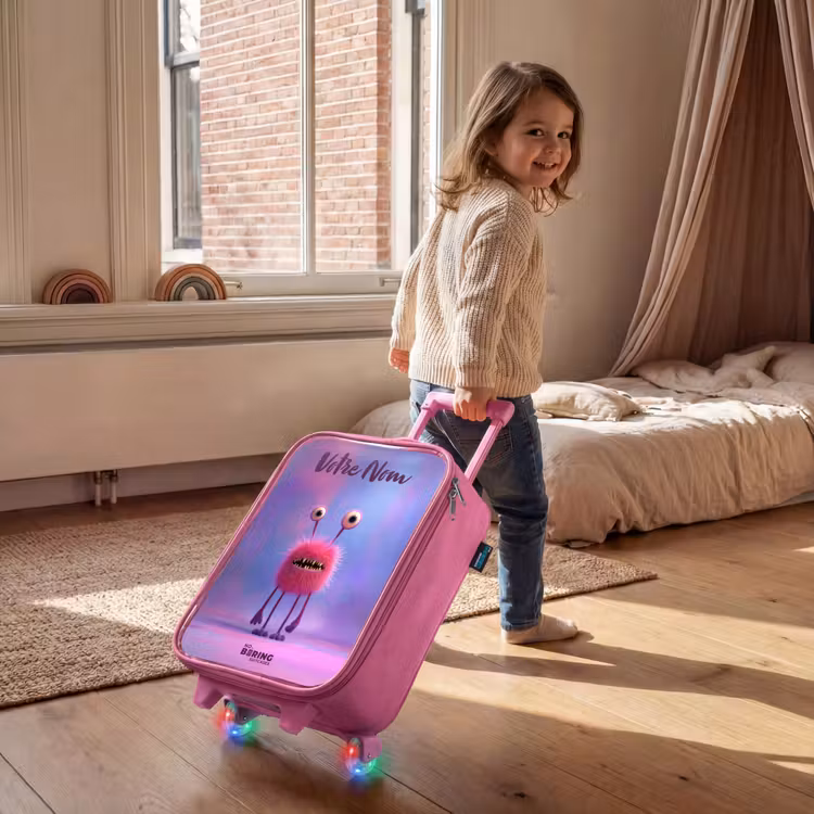 Valise enfant avec nom - Rose - Monstre rose à fourrure avec de grands yeux — 2