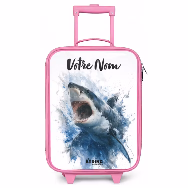 Valise enfant avec nom - Rose - Requin attaquant à l'aquarelle — 1