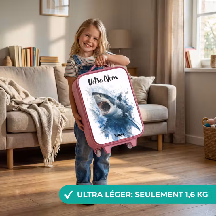 Valise enfant avec nom - Rose - Requin attaquant à l'aquarelle — 3