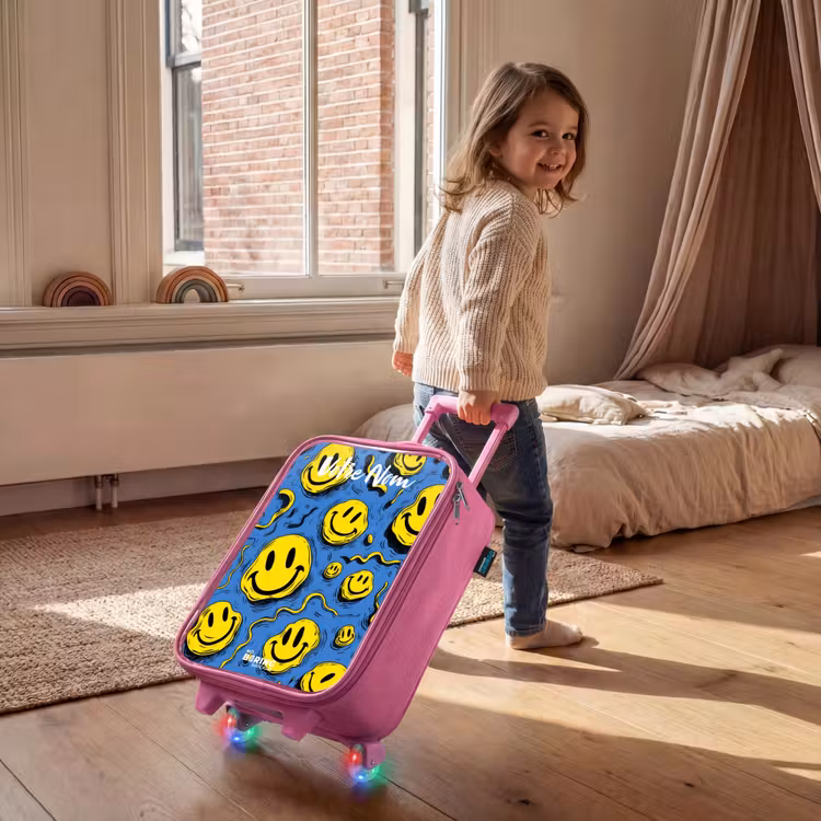 Valise enfant avec nom - Rose - Smiley - Bleu - Jaune — 2