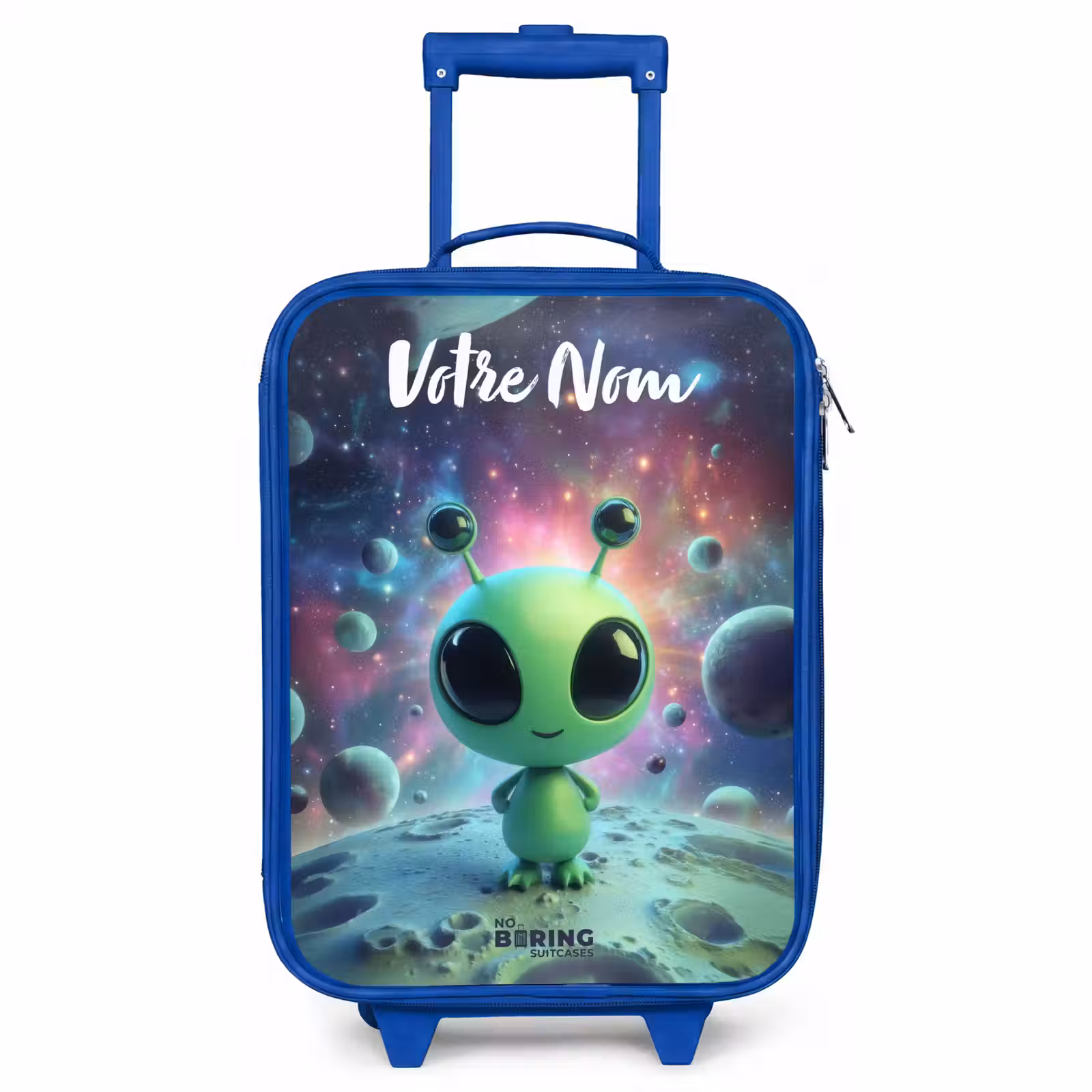 Valise enfant avec nom - Bleu - Créature extraterrestre verte sur un paysage lunaire — 1