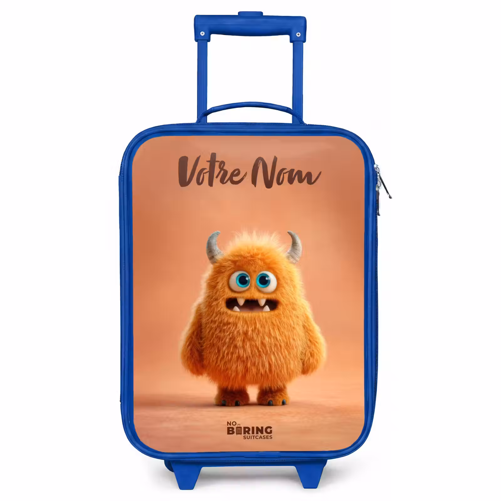 Valise enfant avec nom - Bleu - Monstre pelucheux orange avec cornes — 1