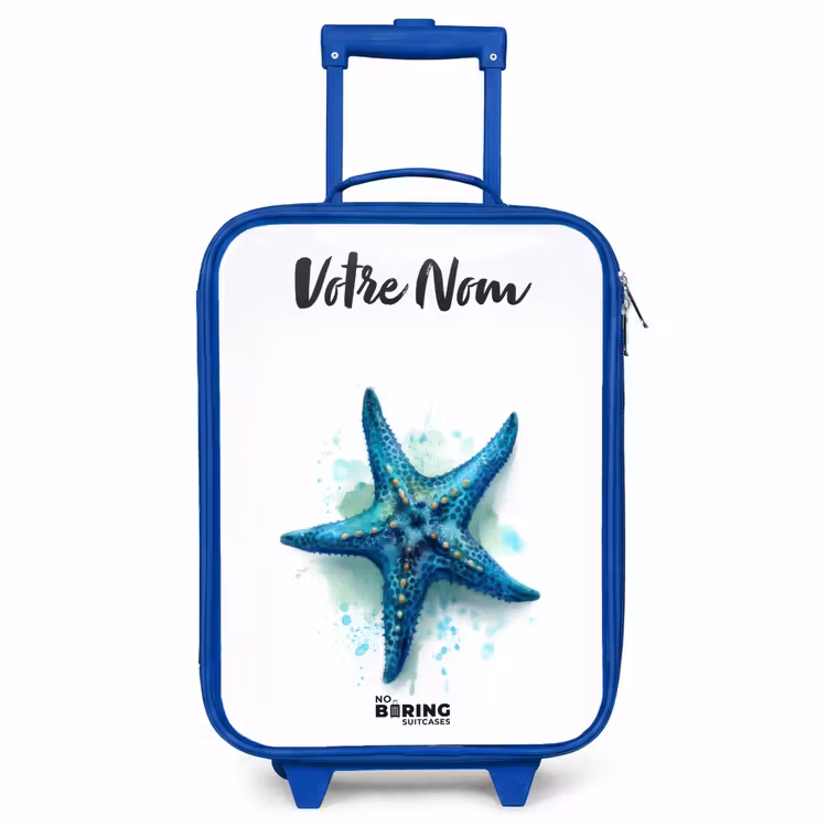 Valise enfant avec nom - Bleu - Étoile de mer bleue sur fond blanc — 1