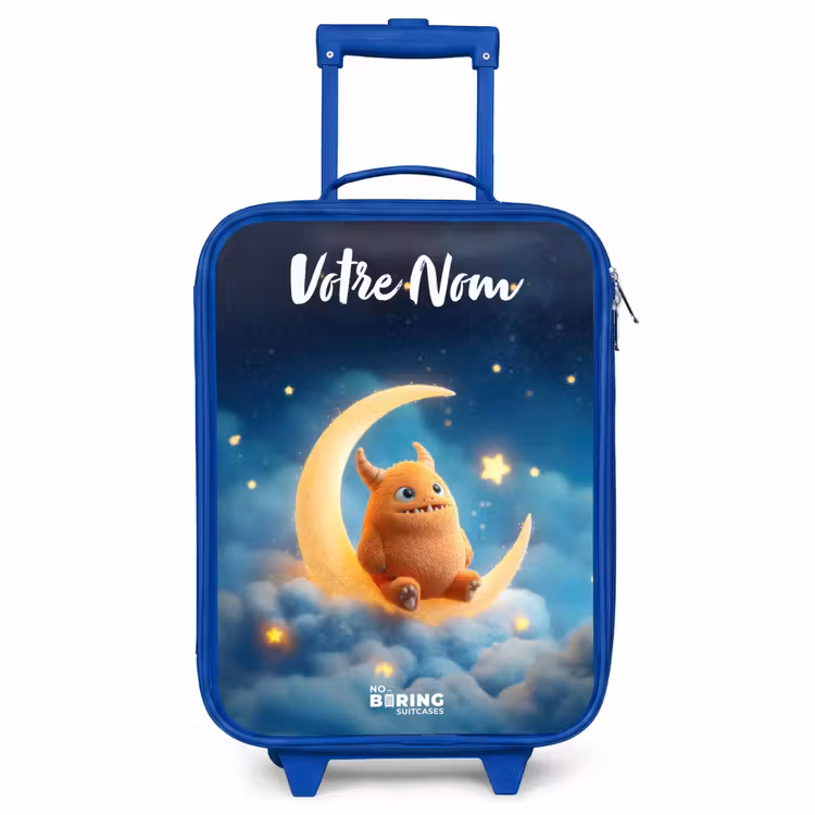 Valise enfant avec nom - Bleu - Monstre orange sur croissant de lune — 1