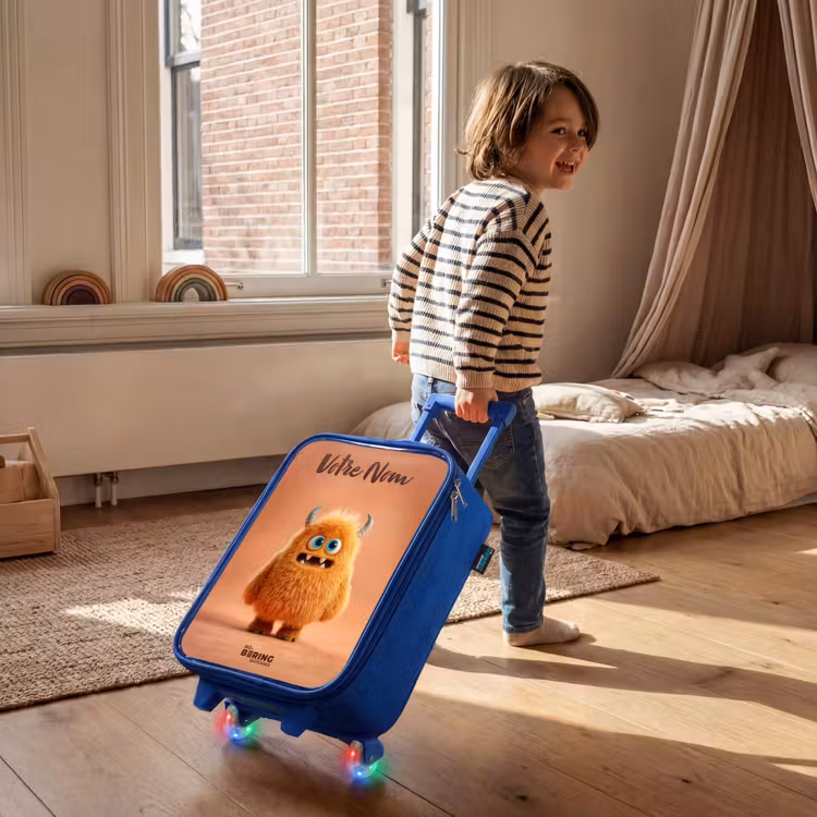 Valise enfant avec nom - Bleu - Monstre pelucheux orange avec cornes — 2
