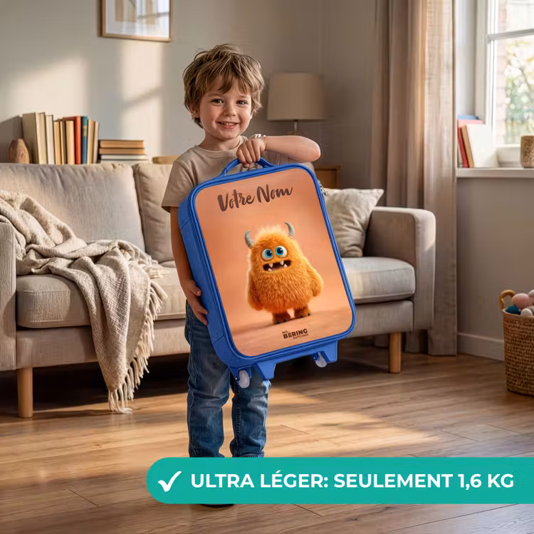 Valise enfant avec nom - Bleu - Monstre pelucheux orange avec cornes — 3