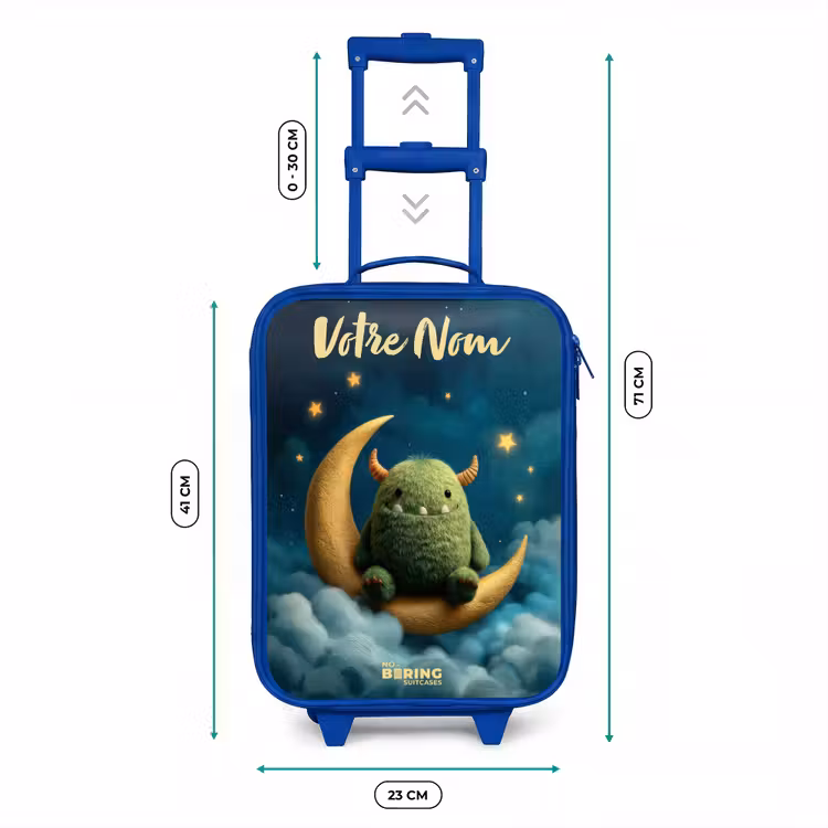 Valise enfant avec nom - Bleu - Monstre vert sur croissant de lune — 6