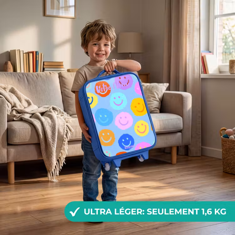 Valise enfant avec nom - Bleu - Motif joyeux de smileys — 3