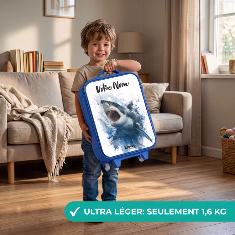 Valise enfant avec nom - Bleu - Requin attaquant à l'aquarelle — 3