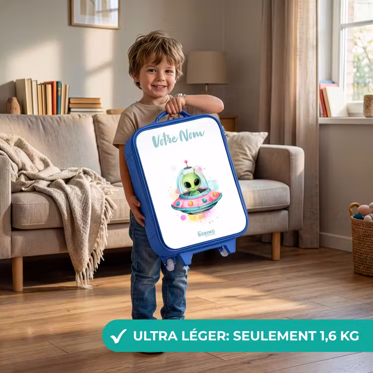 Valise enfant avec nom - Bleu - Un extraterrestre vert dans un OVNI coloré — 3