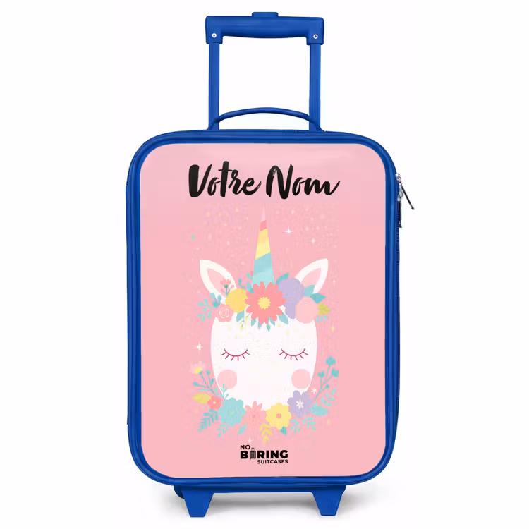 Valise enfant avec nom - Bleu - Licorne - Fleurs - Rose — 1