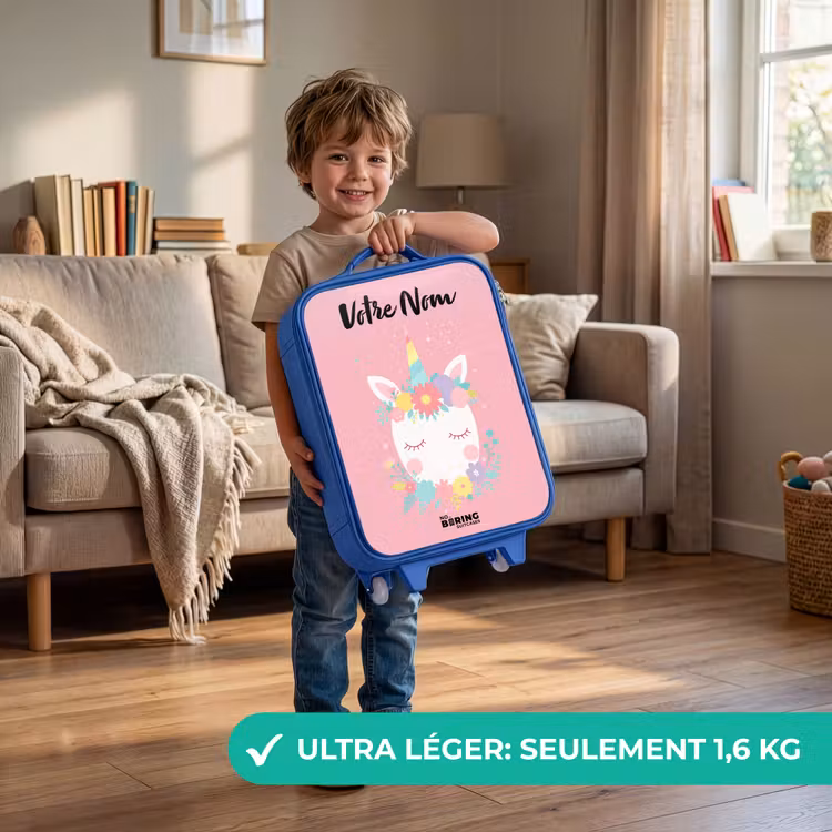 Valise enfant avec nom - Bleu - Licorne - Fleurs - Rose — 3