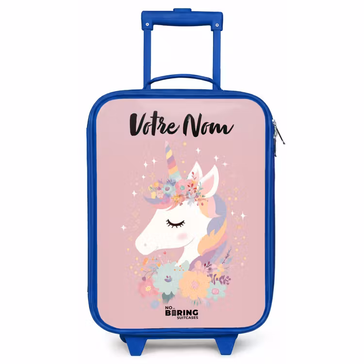 Valise enfant avec nom - Bleu - Licorne - Rose - Fleurs — 1