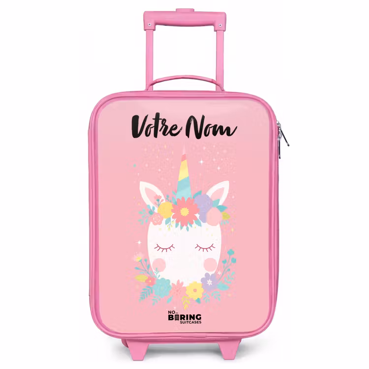 Valise enfant avec nom - Rose - Licorne - Fleurs - Rose — 1