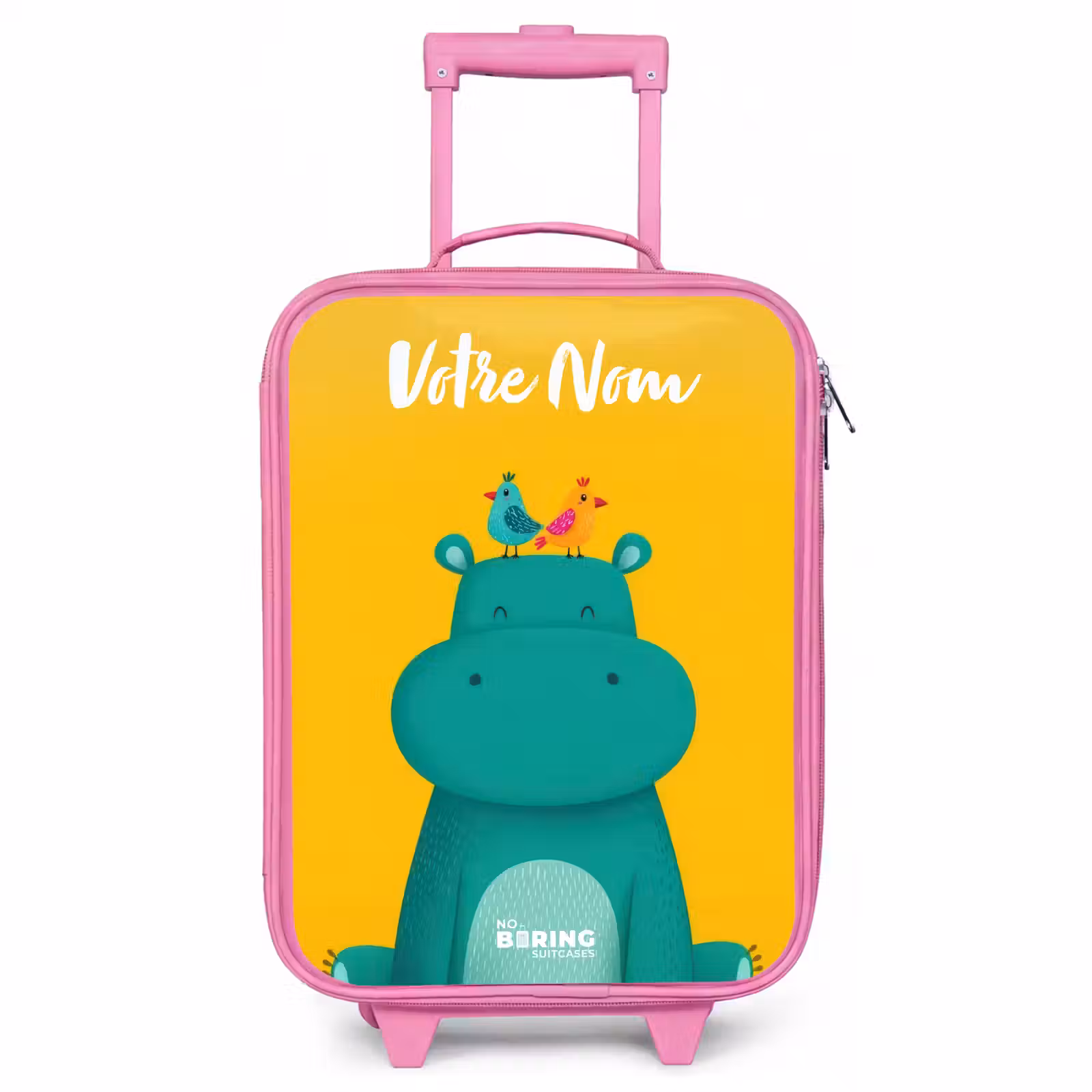 Valise enfant avec nom - Rose - Hippo - Oiseaux - Jaune — 1