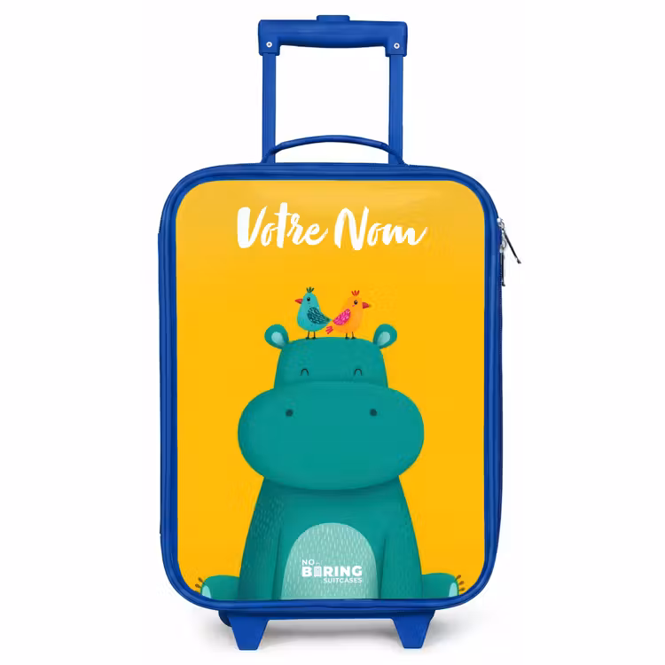 Valise enfant avec nom - Bleu - Hippo - Oiseaux - Jaune — 1