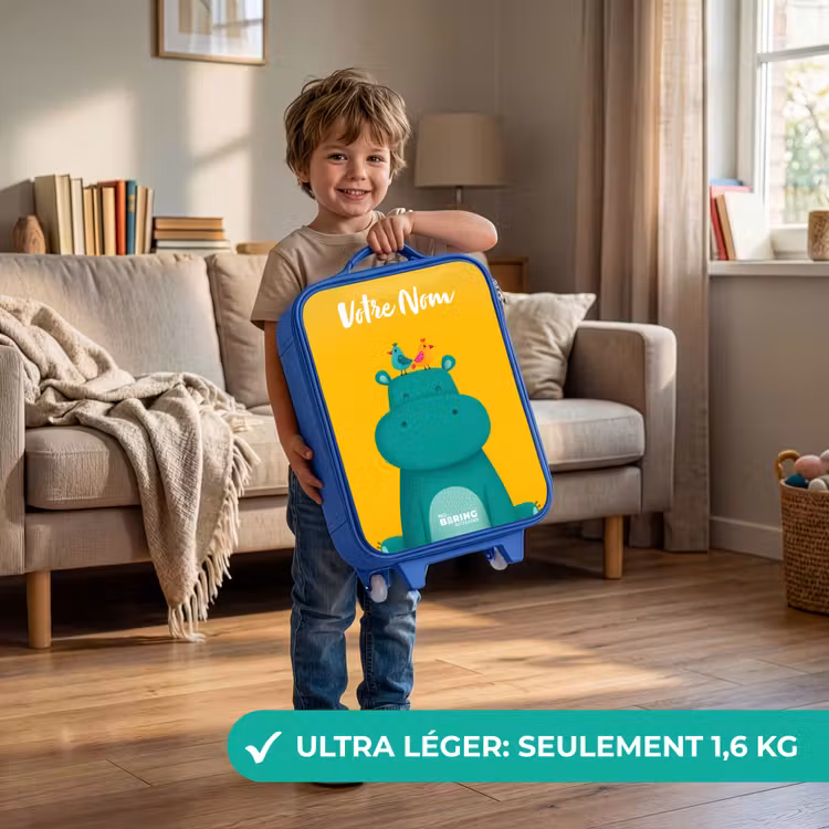 Valise enfant avec nom - Bleu - Hippo - Oiseaux - Jaune — 3