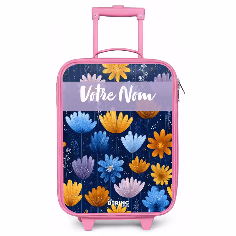 Valise enfant avec nom - Rose - Fleurs - Motif - Bleu — 1