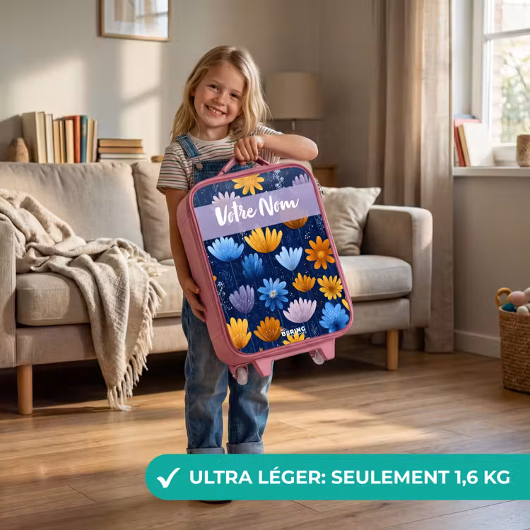 Valise enfant avec nom - Rose - Fleurs - Motif - Bleu — 3