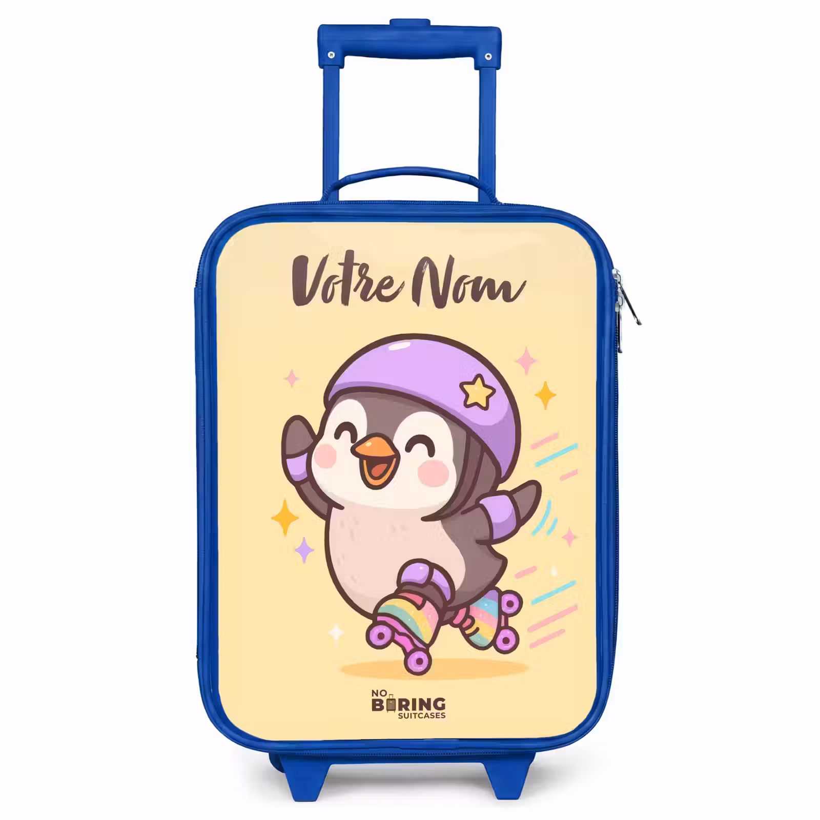 Valise enfant avec nom - Bleu - Kawai - Pingouin - Patins à roulettes — 1