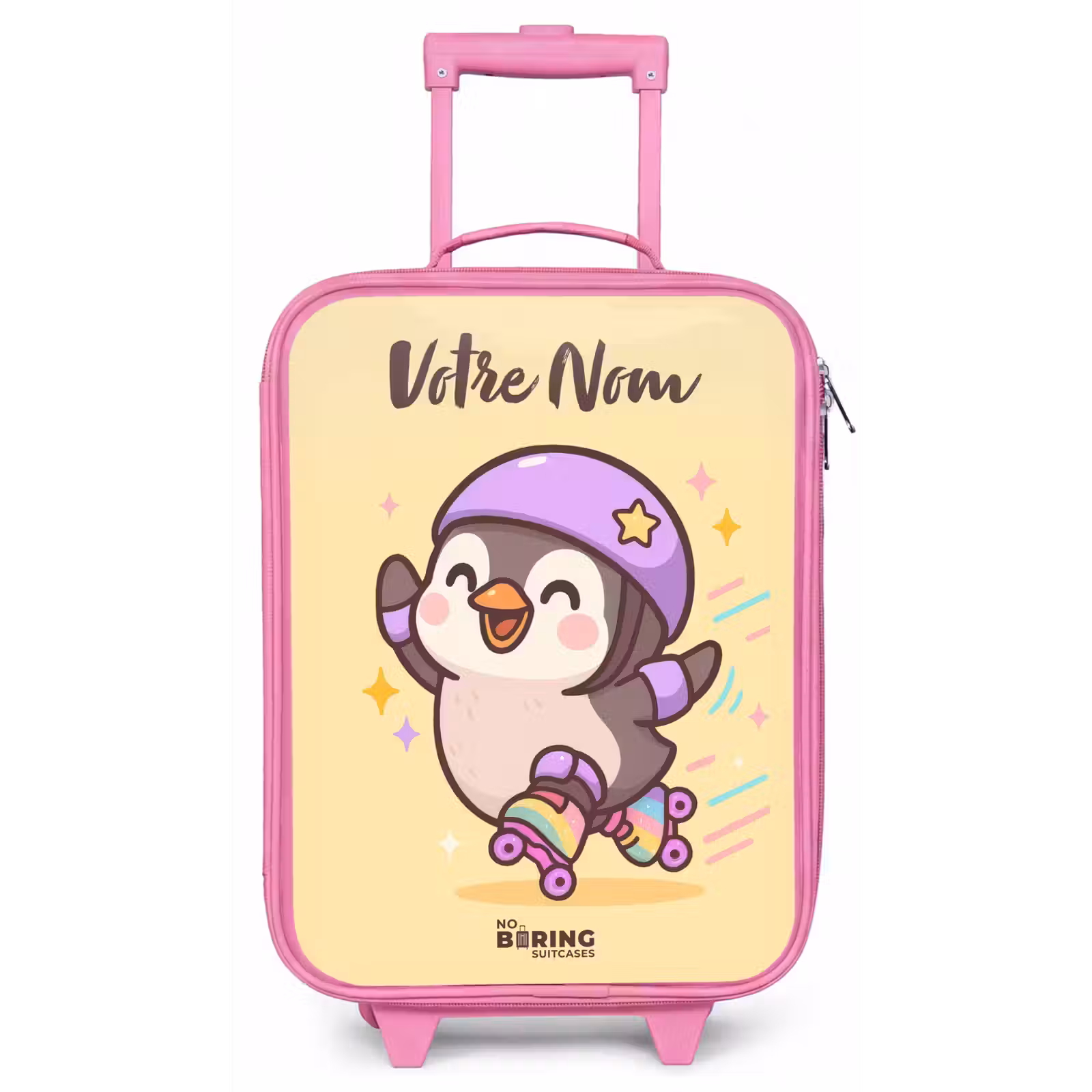 Valise enfant avec nom - Rose - Kawai - Pingouin - Patins à roulettes — 1