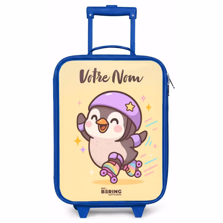 Valise enfant avec nom - Bleu - Kawai - Pingouin - Patins à roulettes — 1