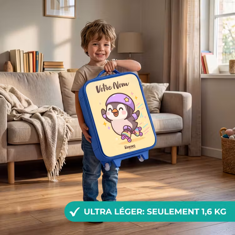 Valise enfant avec nom - Bleu - Kawai - Pingouin - Patins à roulettes — 3