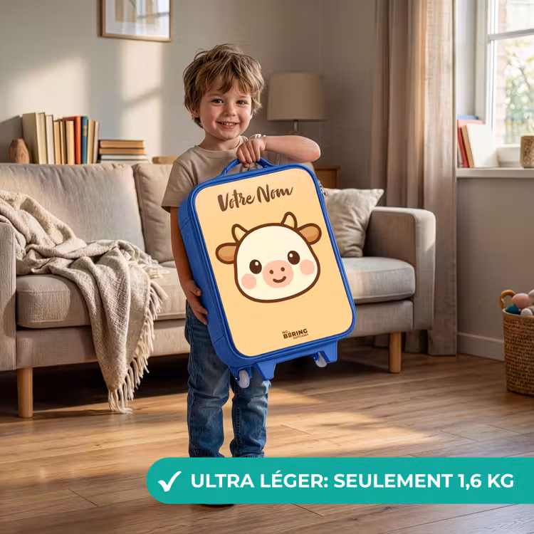 Valise enfant avec nom - Bleu - Kawai - Vache - Marron — 3