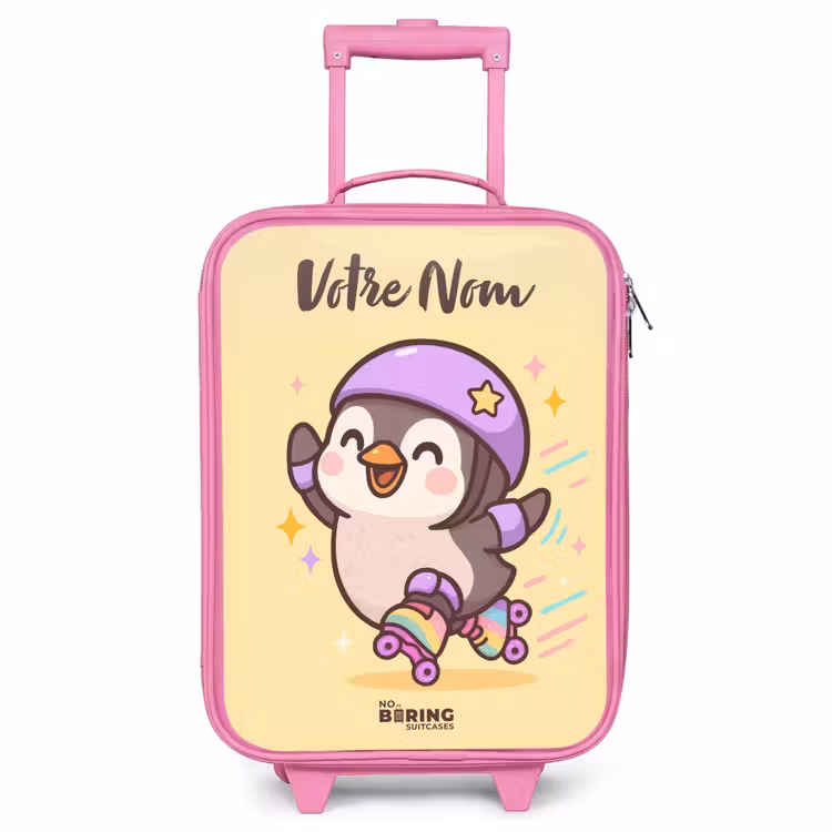 Valise enfant avec nom - Rose - Kawai - Pingouin - Patins à roulettes — 1