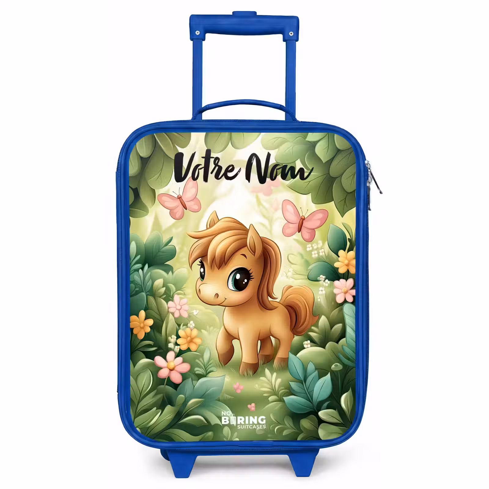 Valise enfant avec nom - Bleu - Cheval - Fleurs - Papillons — 1