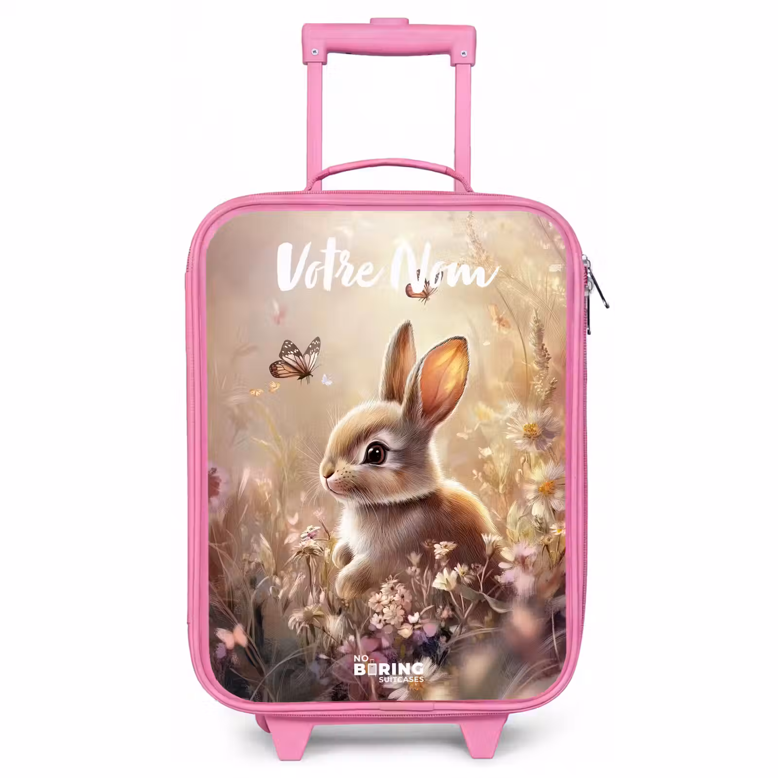 Valise enfant avec nom - Rose - Lapin - Marron - Fleurs - Papillons — 1