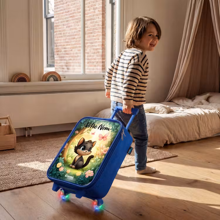 Valise enfant avec nom - Bleu - Chat - Papillon - Fleurs — 2
