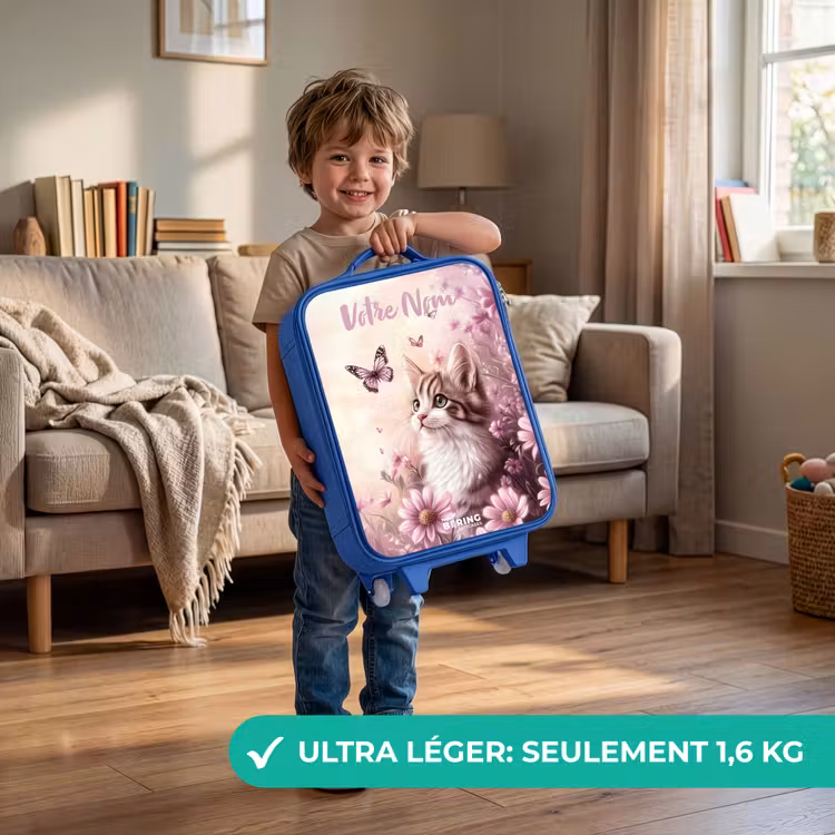 Valise enfant avec nom - Bleu - Chaton - Papillons - Violet - Fleurs — 3